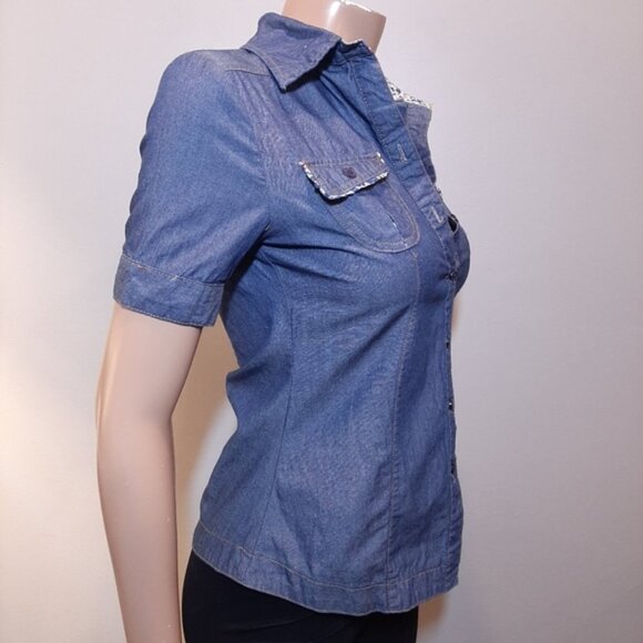 EDC Esprit Denim Shirt Button Down Short Sleeve Floral Western Y2K - Picture 8 of 11